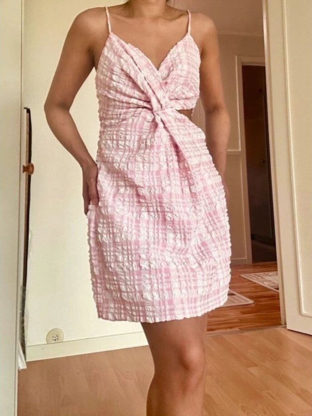 Zara Textured Mini Cut Out Dress Light Pink White Size XS